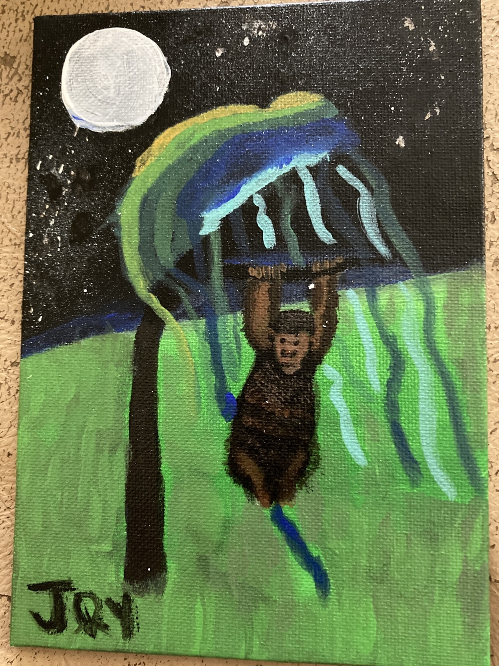 Title: Handmade Monkey Hanging For A Willow Tree 5"x7" Acrylic Painting
